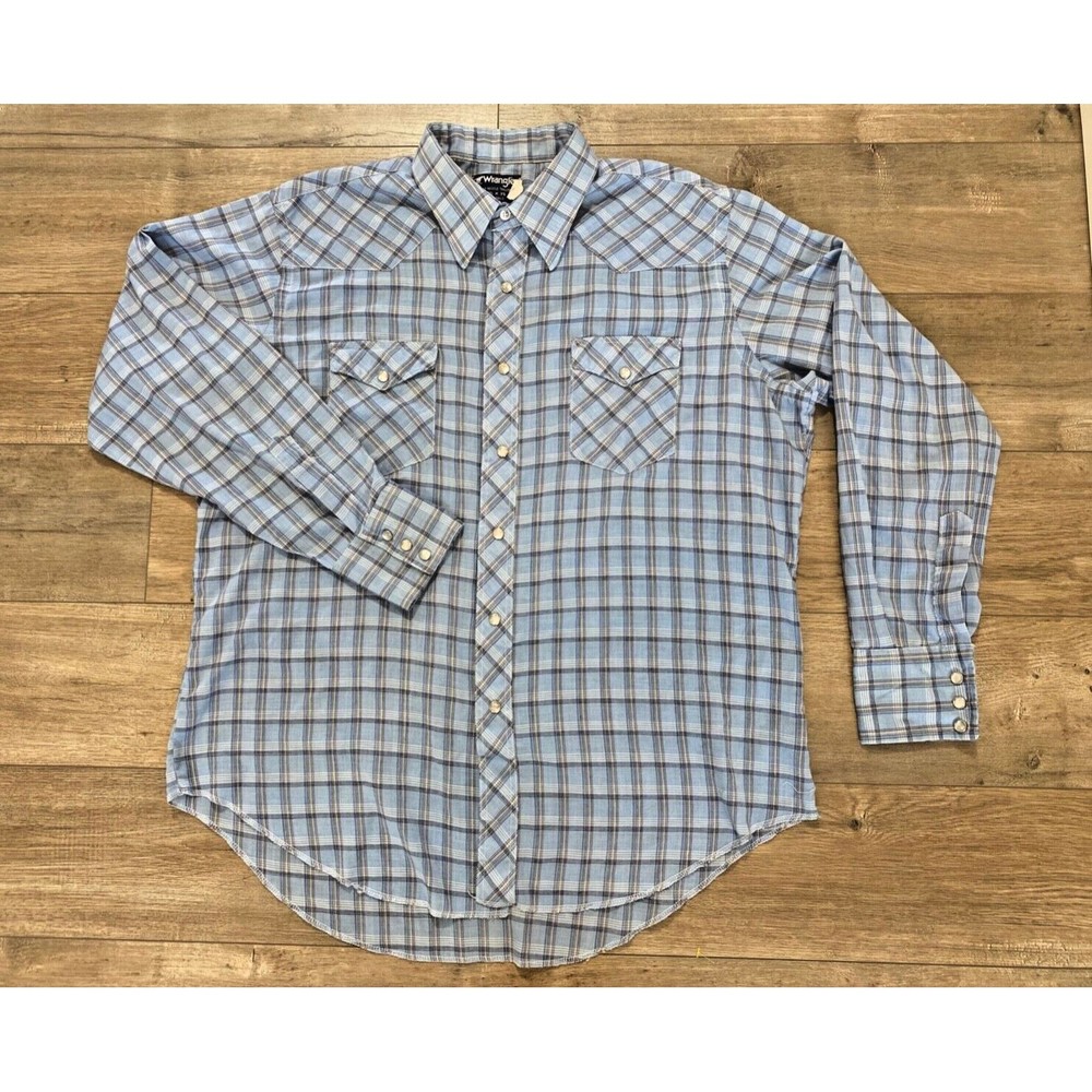 Vintage Wrangler Mens XXL Blue Plaid Pearl Snap Long Tail Western Shirt USA Made